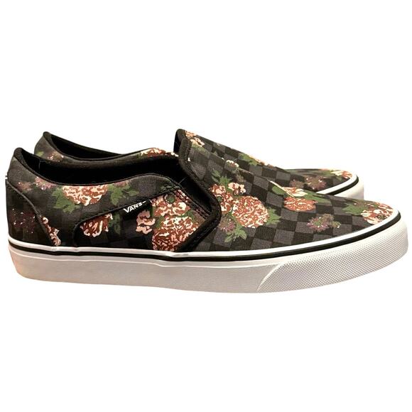 Vans Asher Flowers & Checks Black Slip On Flat Shoe Women’s Size 10 - Picture 1 of 6